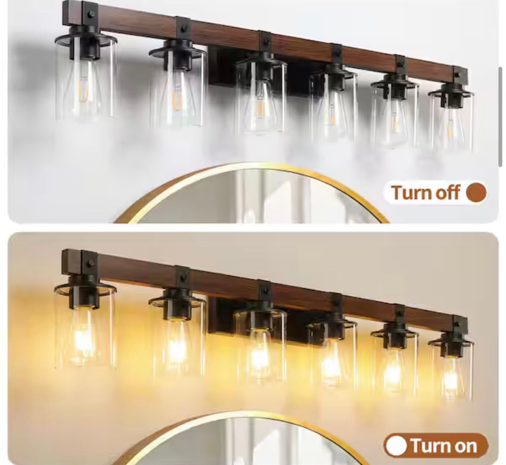6-Light Walnut and Black Bathroom Vanity Light
