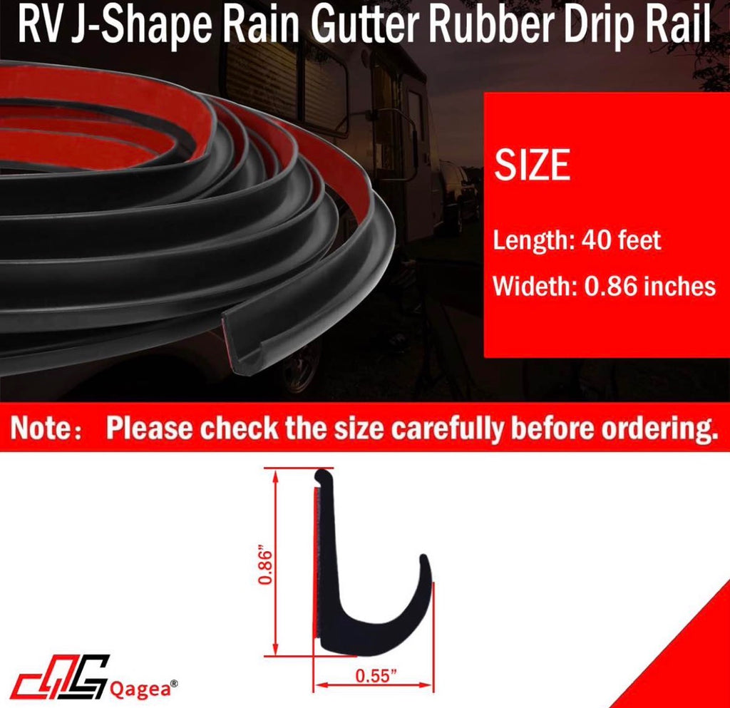 RV J-Shape Rain Gutter Rubber Drip Rail 40Ft