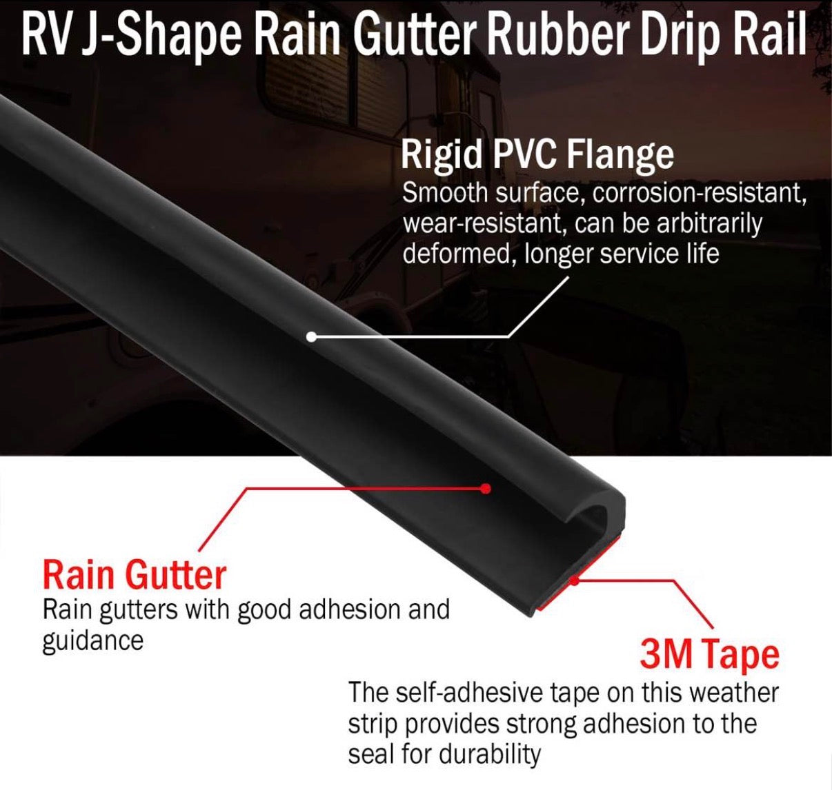 RV J-Shape Rain Gutter Rubber Drip Rail 40Ft