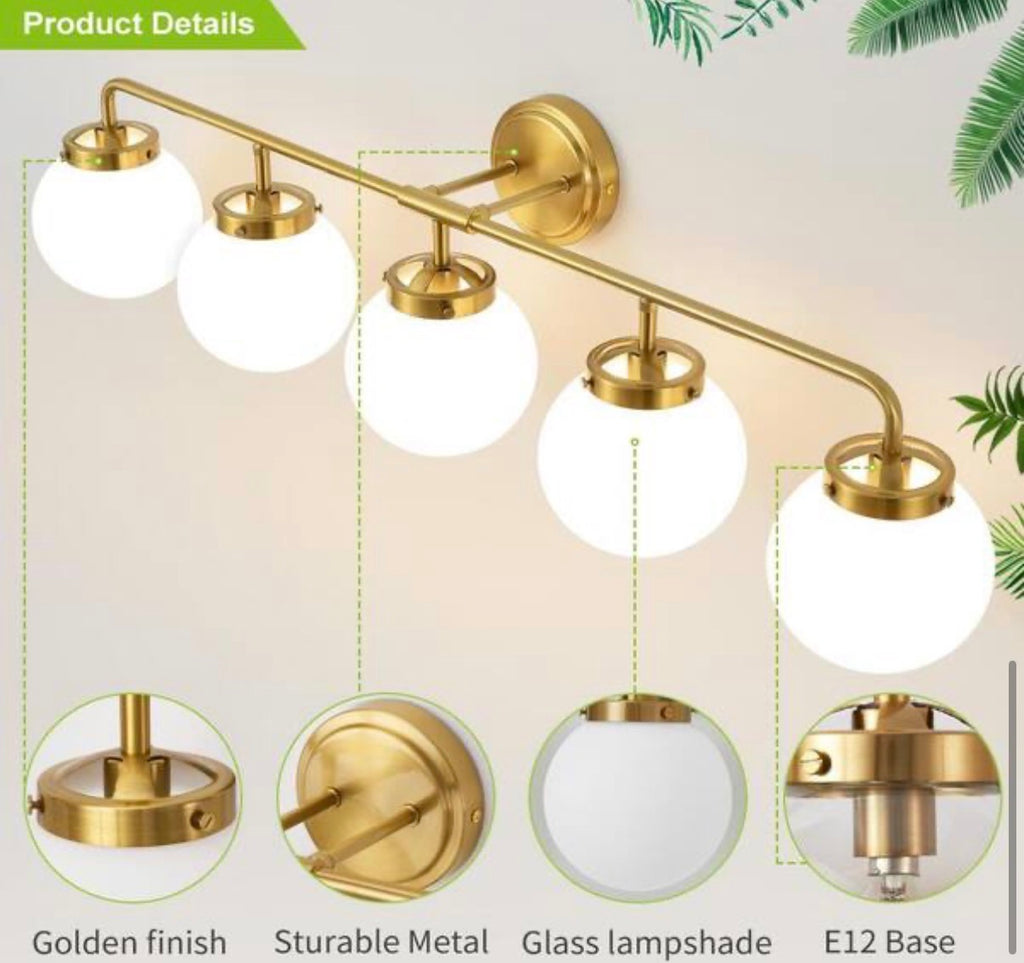 Modern 5-Light Gold Vanity Light with White Glass Globes