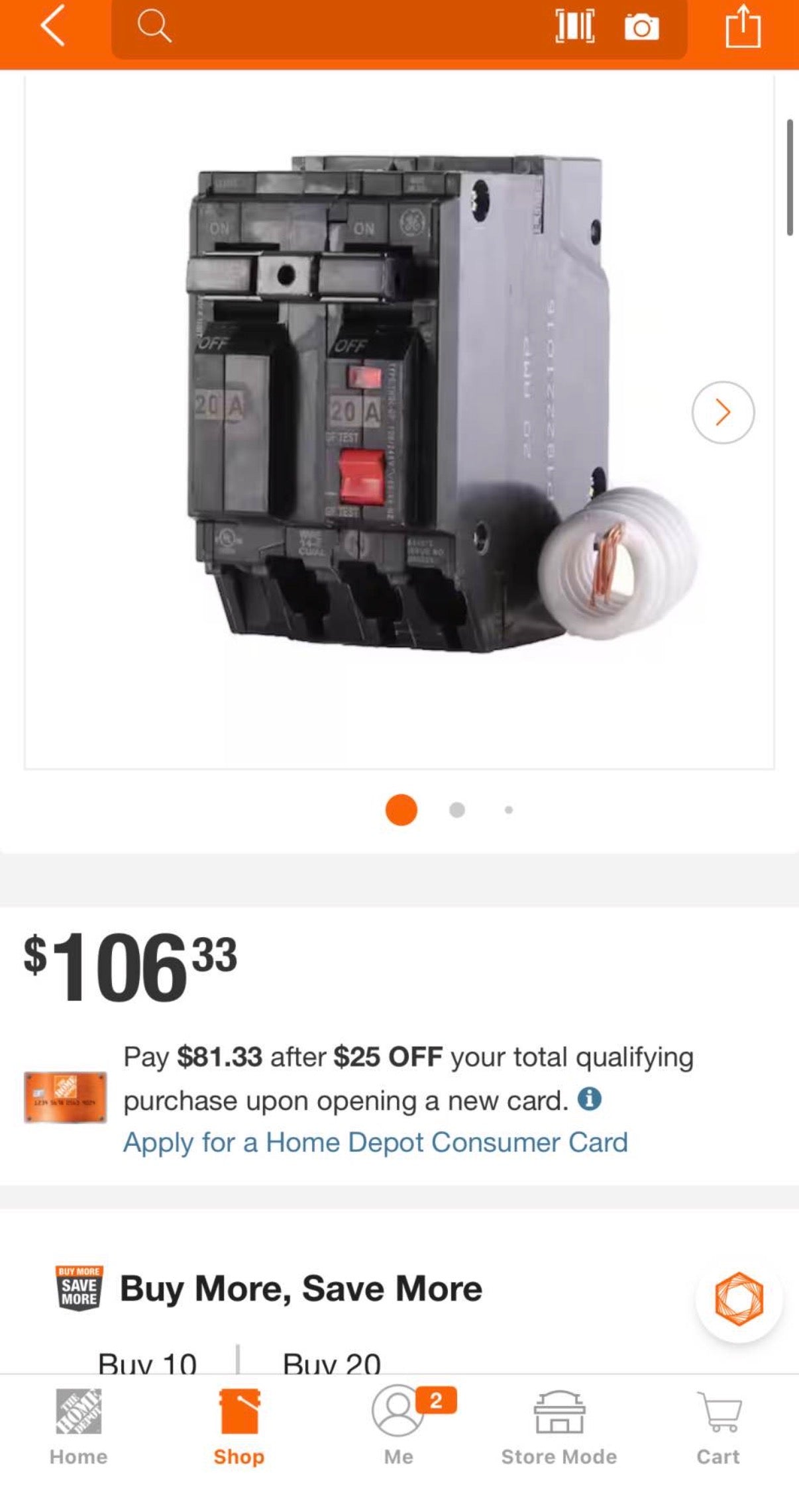 20 Amp Double Pole Ground Fault Breaker with Self-Test