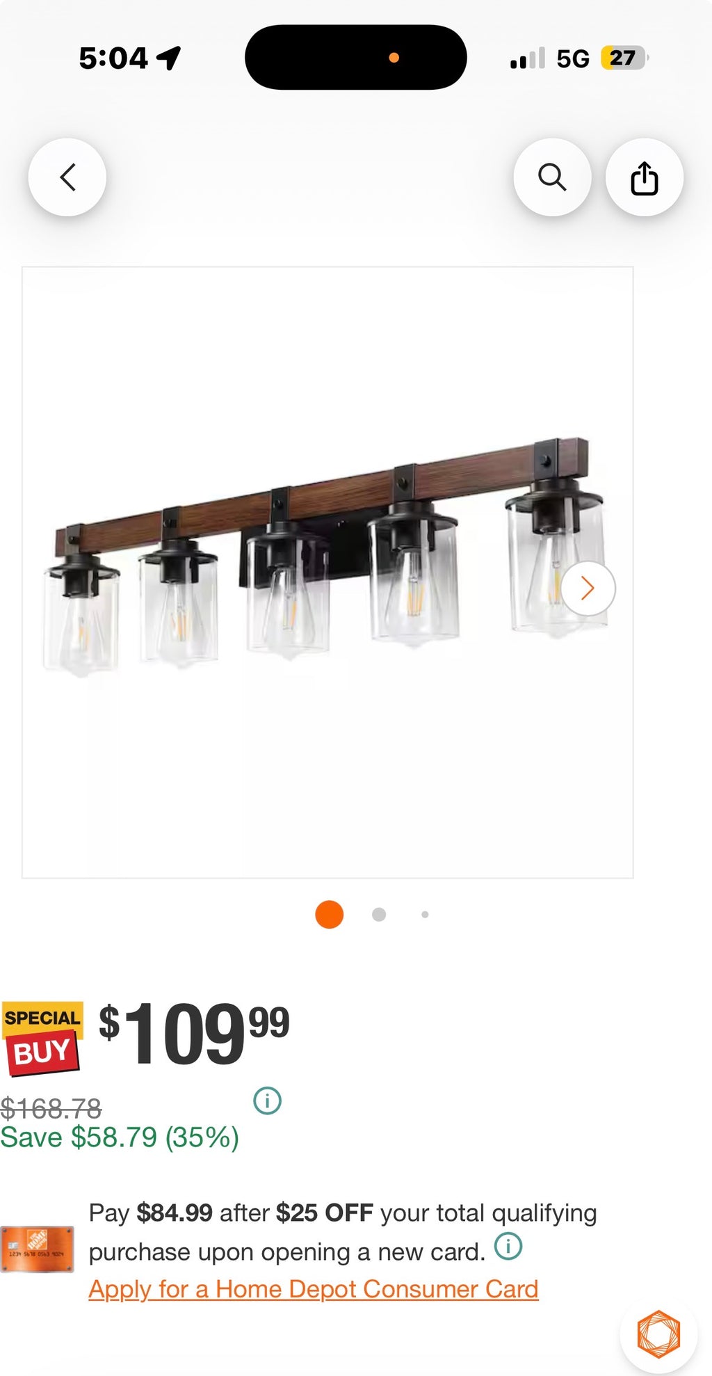 5-Light Walnut and Black Bathroom Vanity Light