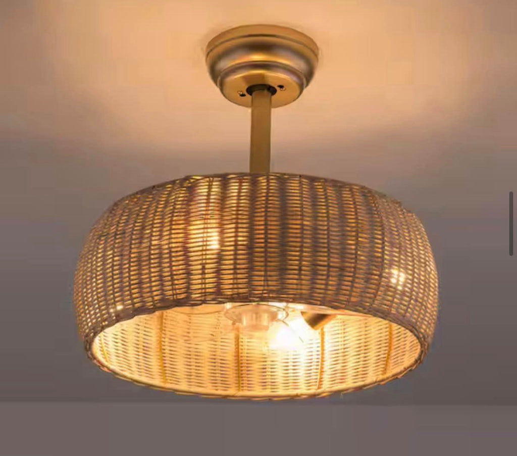 17.7 in. Indoor Natural and Gold Boho Rattan Caged Ceiling Fan