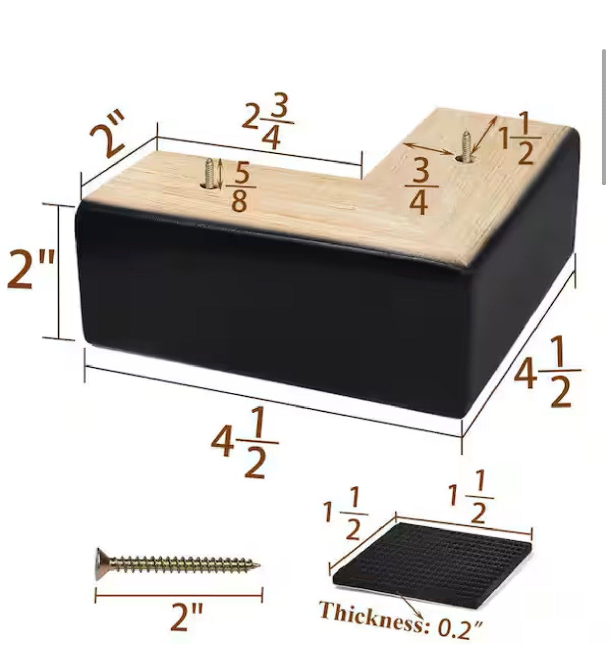 Set of 4 Black L-Shaped Wooden Furniture Legs
