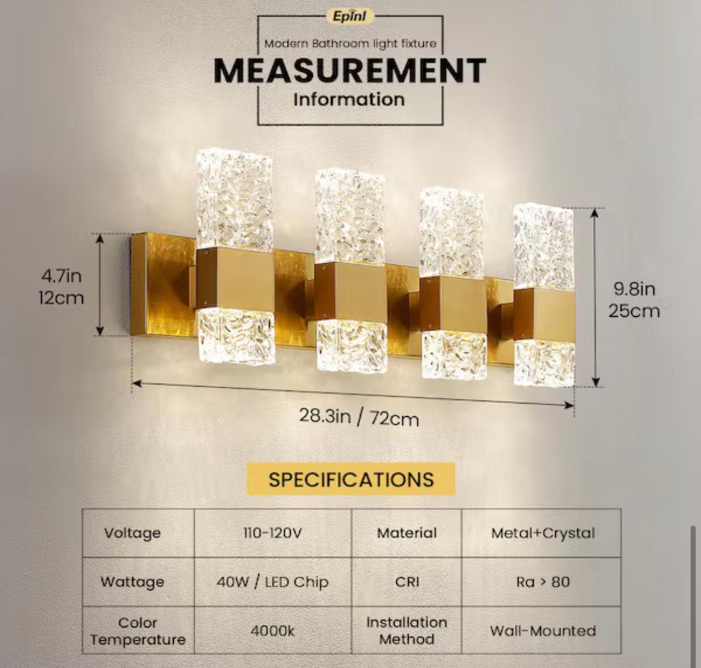 4-Light Brushed Gold LED Vanity Light with Crystal Glass