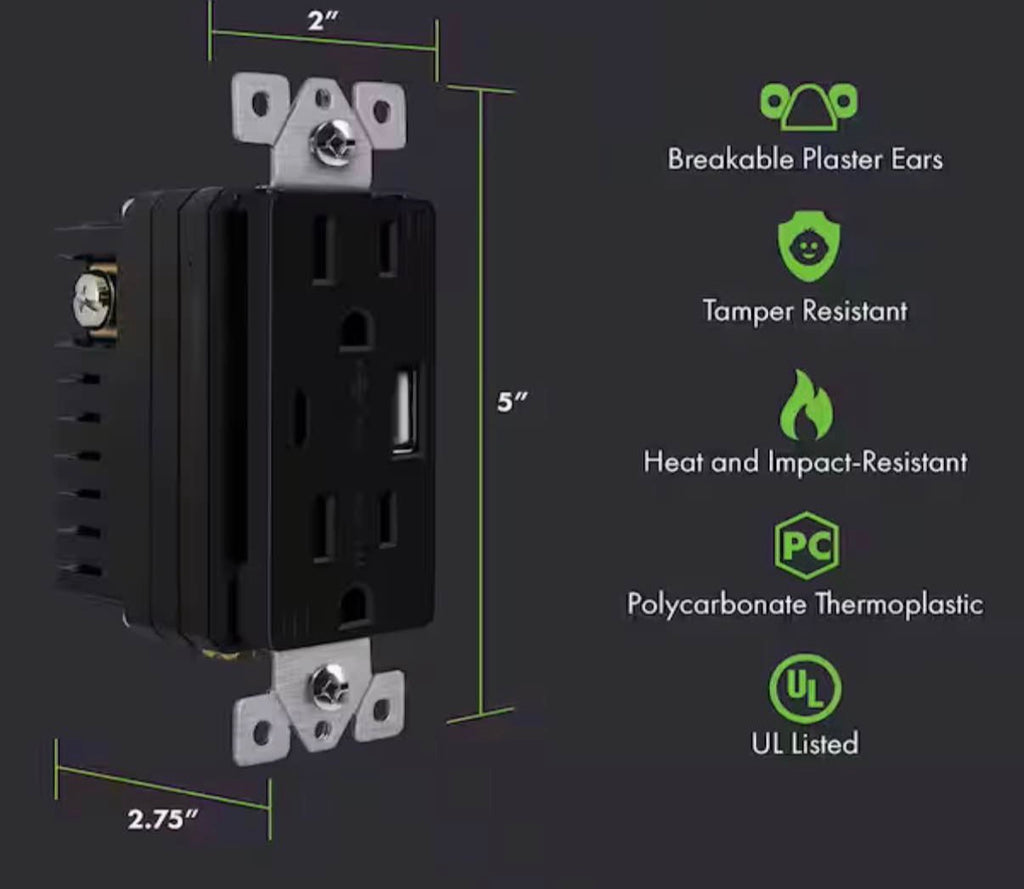 15 Amp Duplex Receptacle, USB Type A and C Outlet (3 pack)