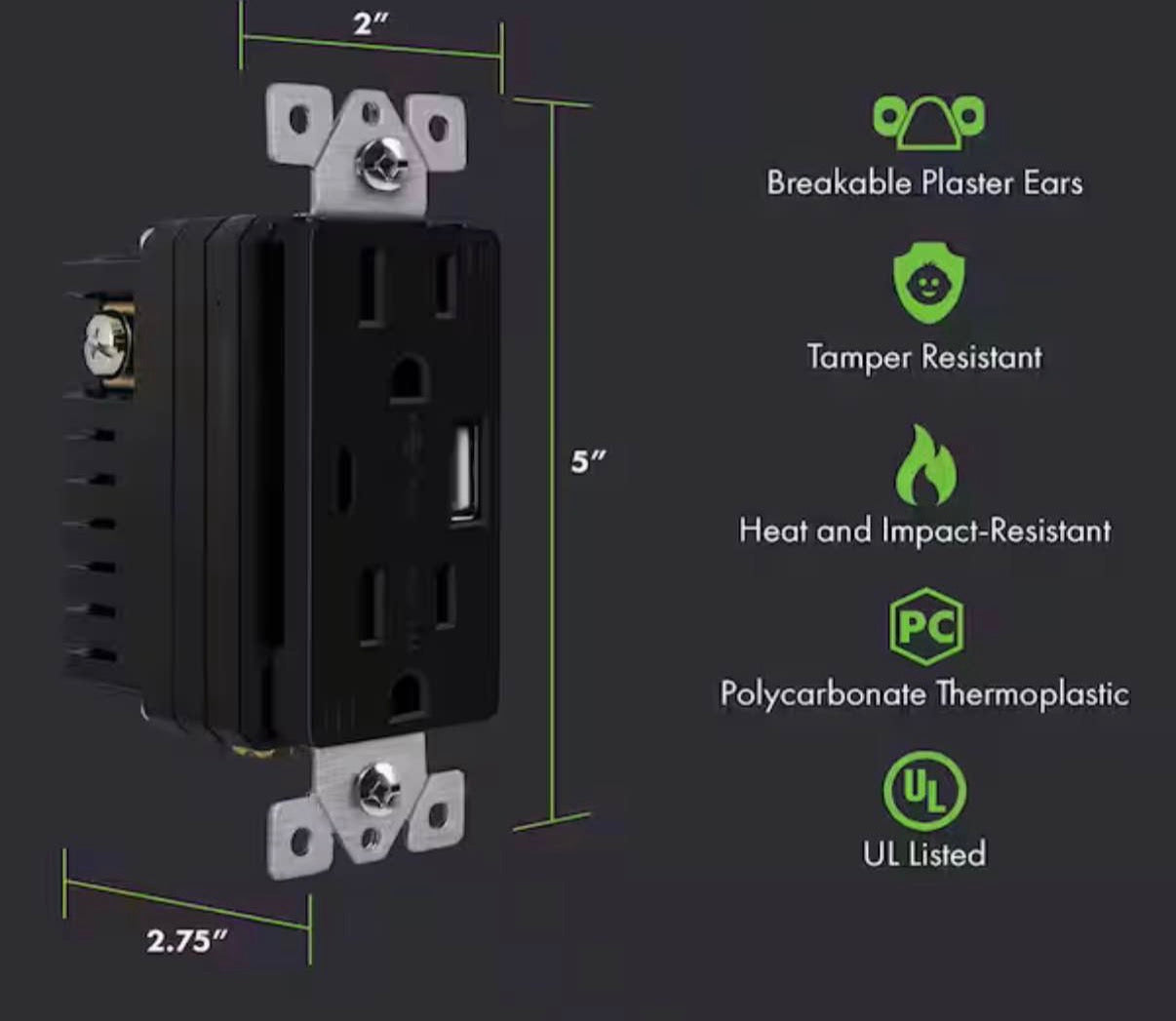 15 Amp Duplex Receptacle, USB Type A and C Outlet (3 pack)