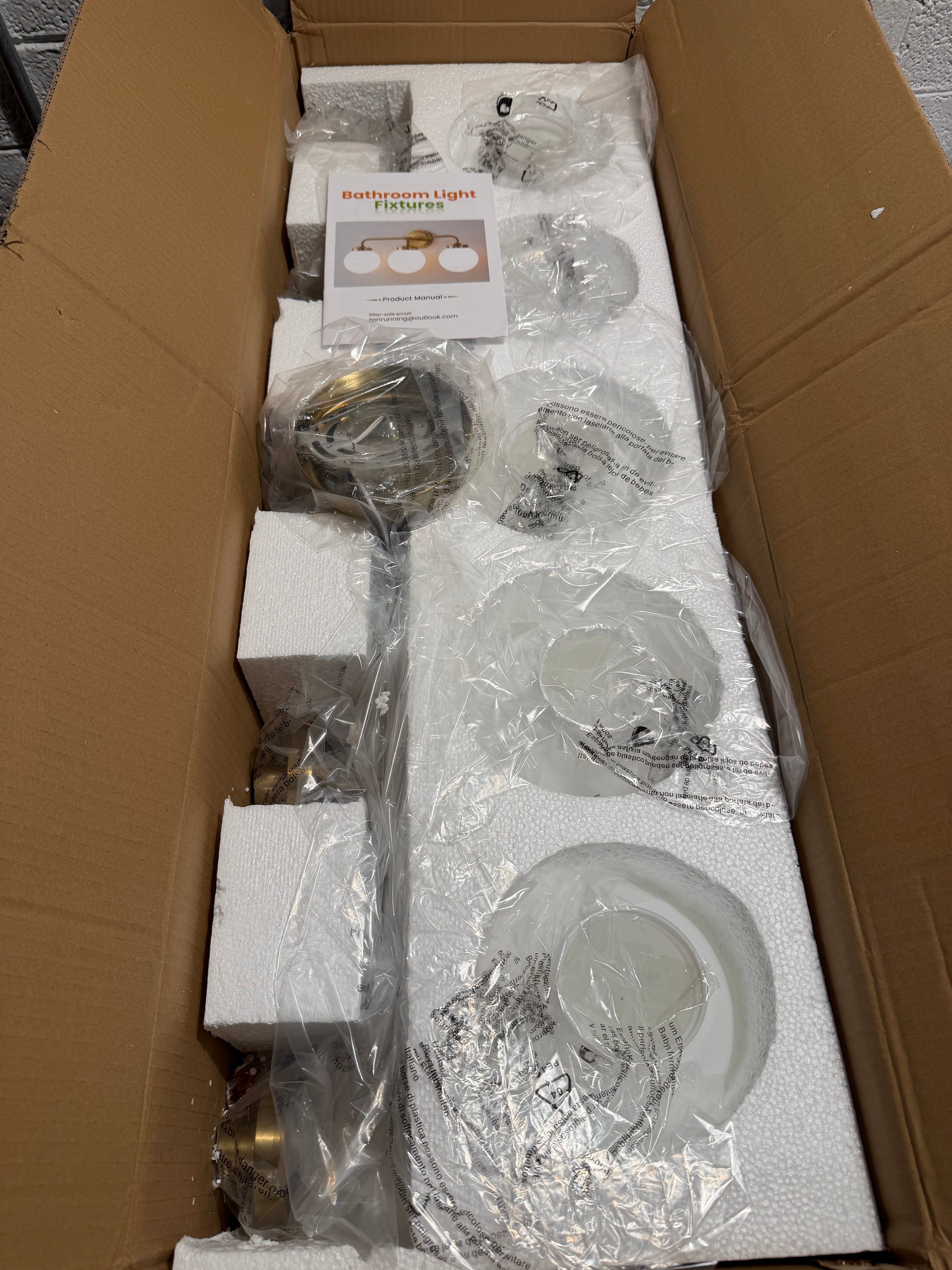 Modern 5-Light Gold Vanity Light with White Glass Globes