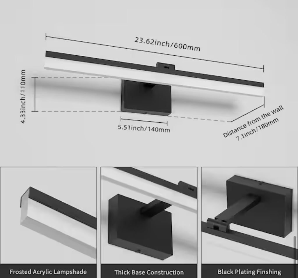 23.6 in. 1 Light Black Dimmable LED Vanity Light Bar