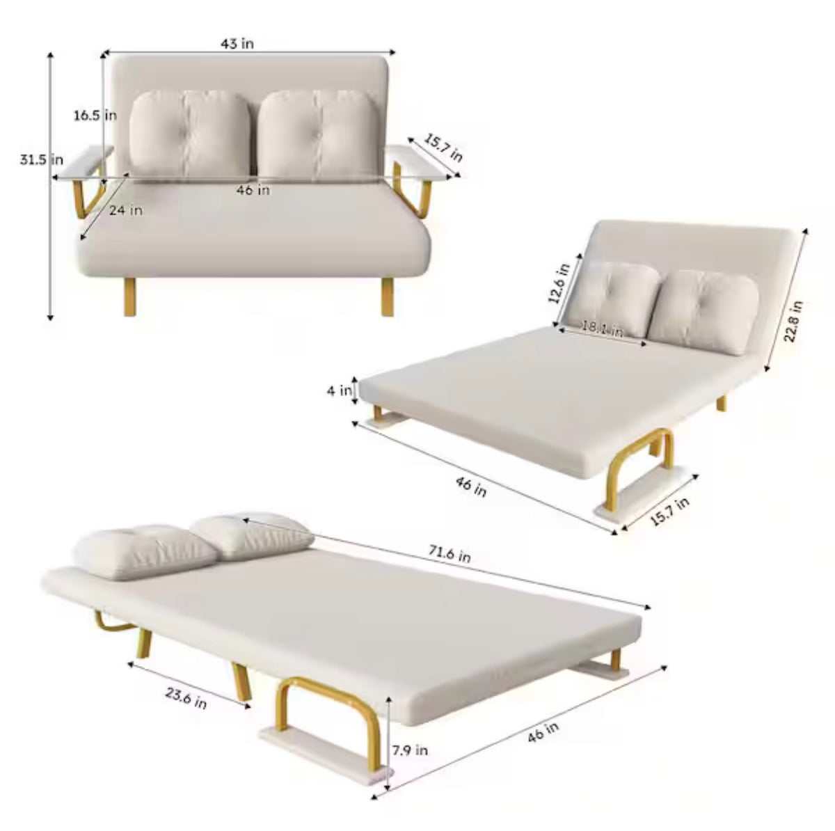 Convertible Beige Full Size Sofa Bed