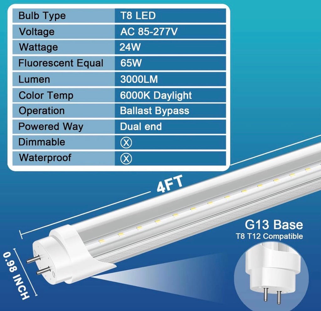 4 Pack T8 LED Bulbs 4 Foot