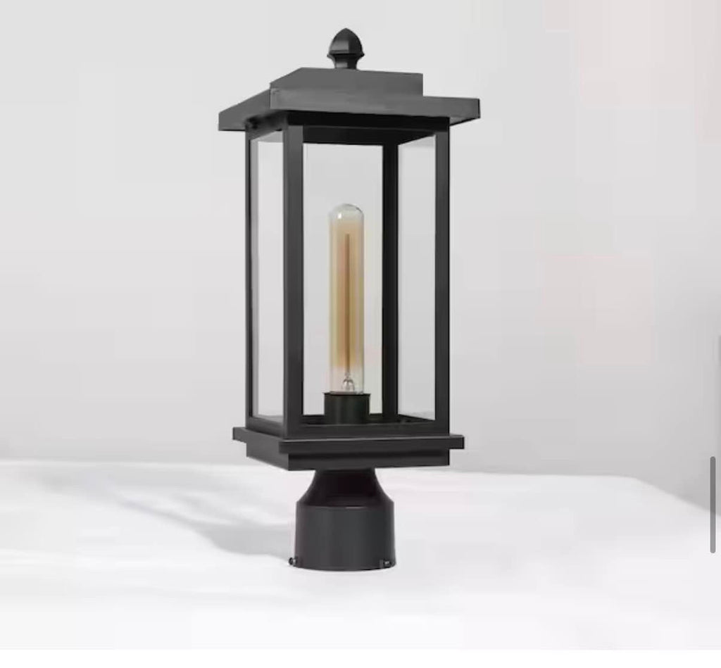 1-Light Matte Black Post Light with Clear Glass Shade