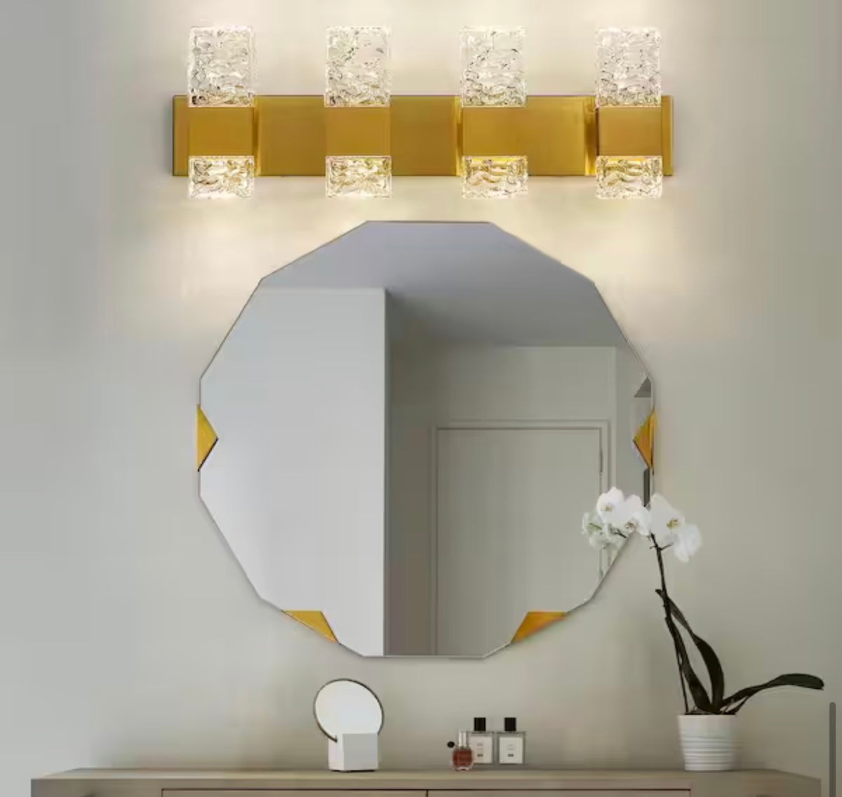 4-Light Brushed Gold LED Vanity Light with Crystal Glass