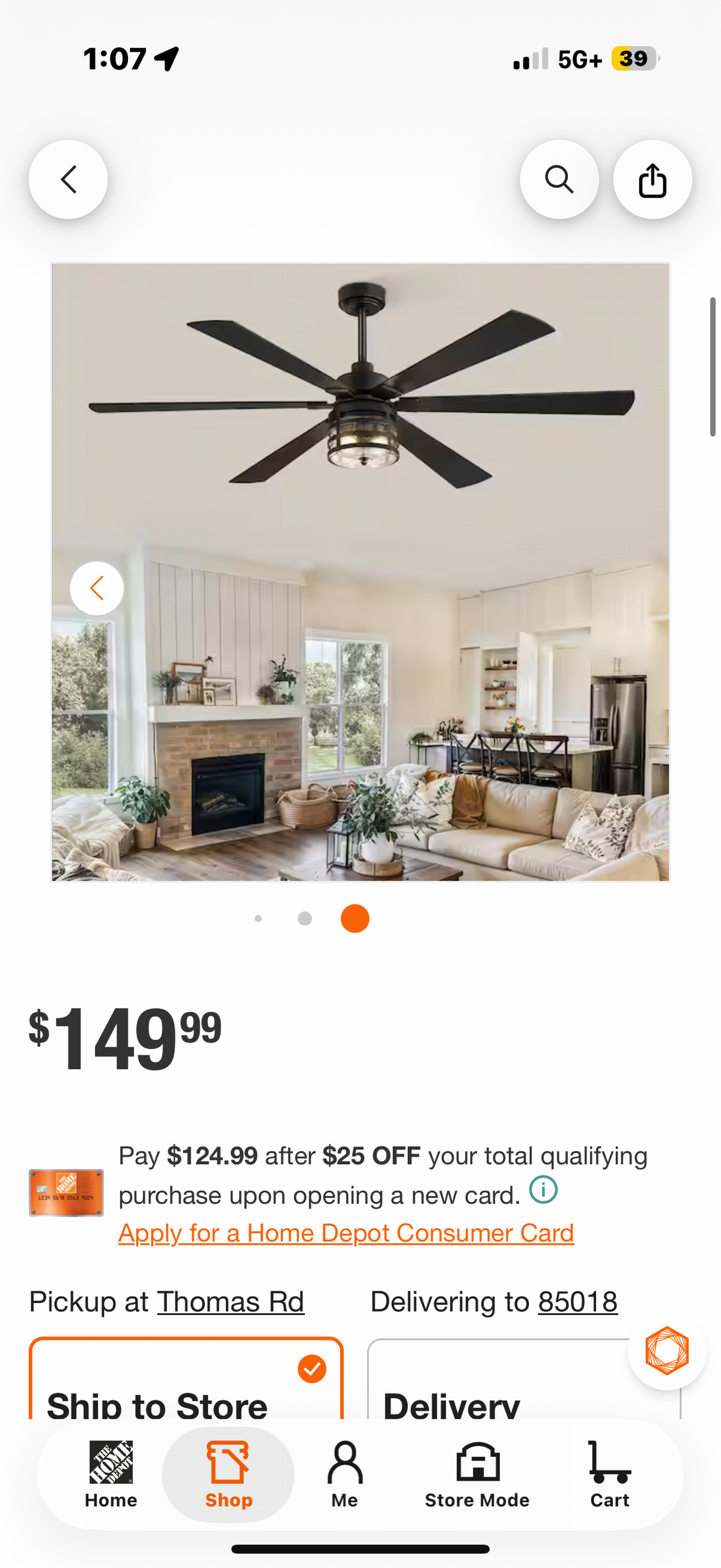 65 in. Indoor  Large Ceiling Fan (missing  decorative glass )