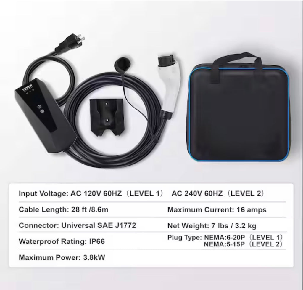 Level 1+2 EV Charger 16 Amp 120/240V Electric Vehicle Charger