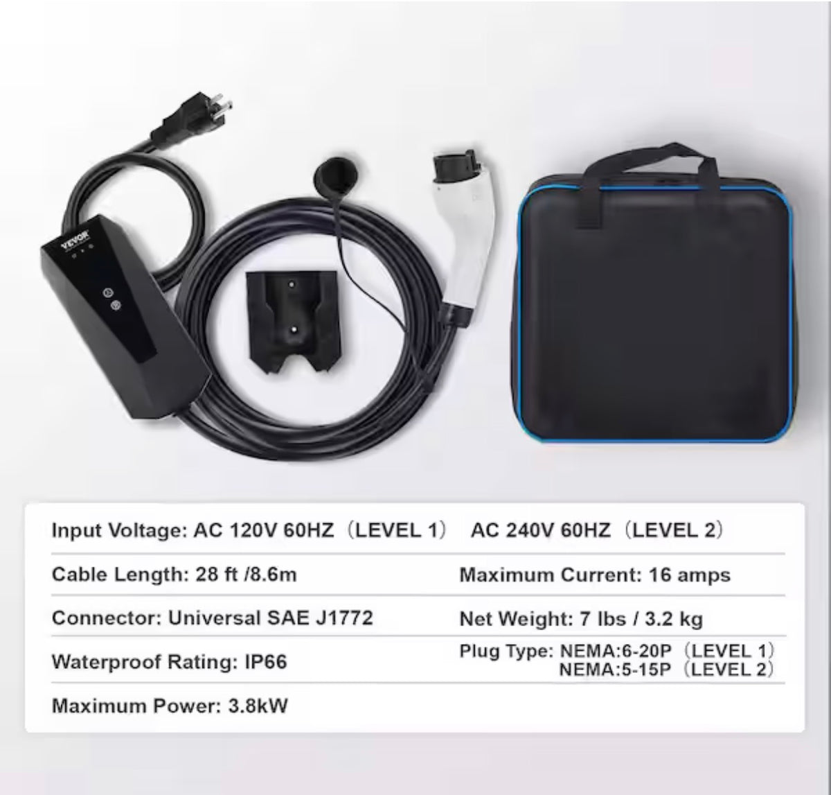 Level 1+2 EV Charger 16 Amp 120/240V Electric Vehicle Charger