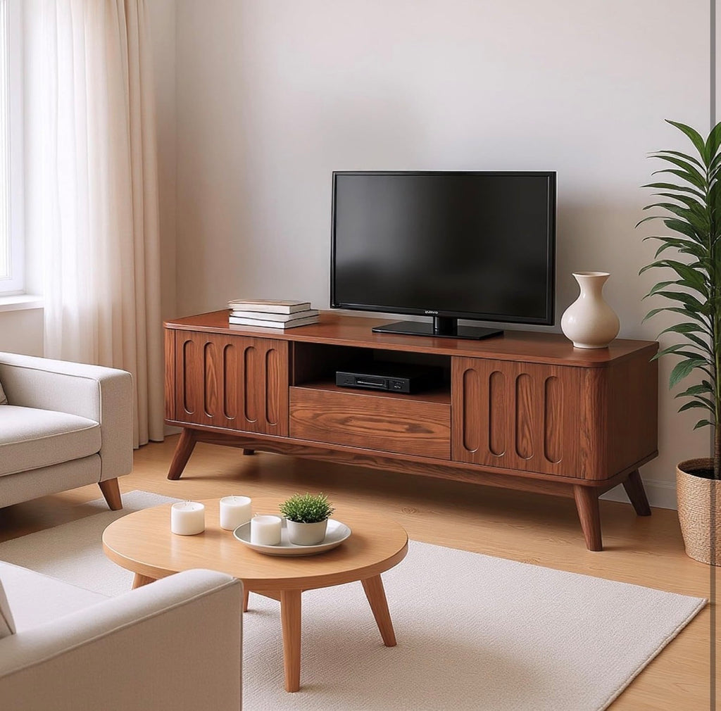 Mid Century Modern TV Stand Fluted Design with Storage Cabinet and Drawer