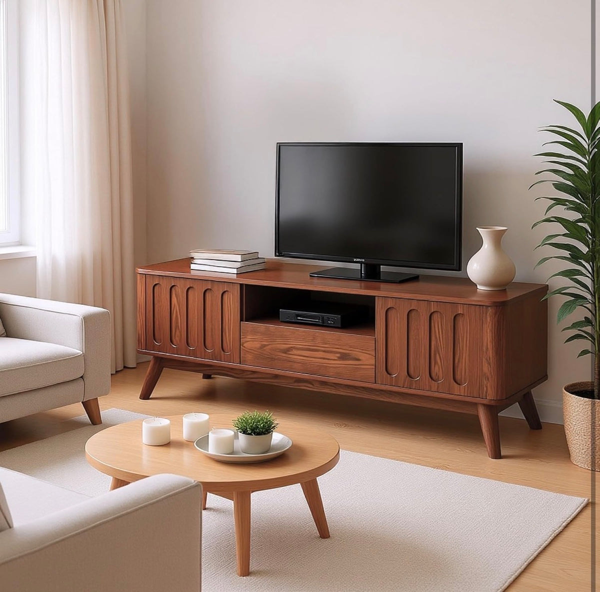 Mid Century Modern TV Stand Fluted Design with Storage Cabinet and Drawer