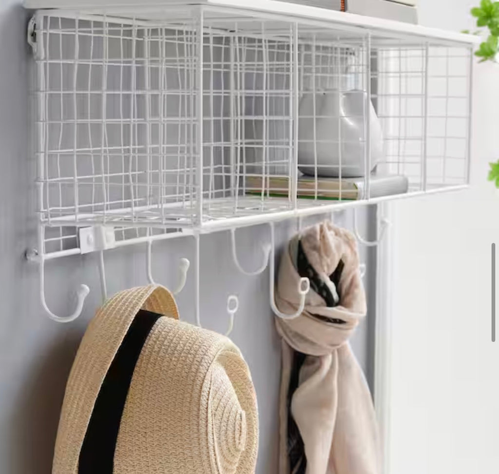 Decorah White Metal 4-Cubby Wall Shelf with 9 Hooks