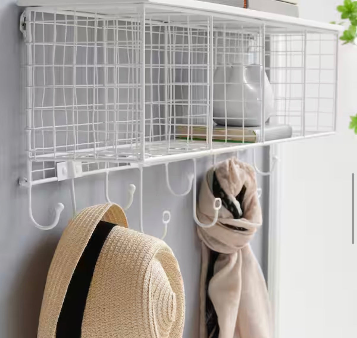 Decorah White Metal 4-Cubby Wall Shelf with 9 Hooks