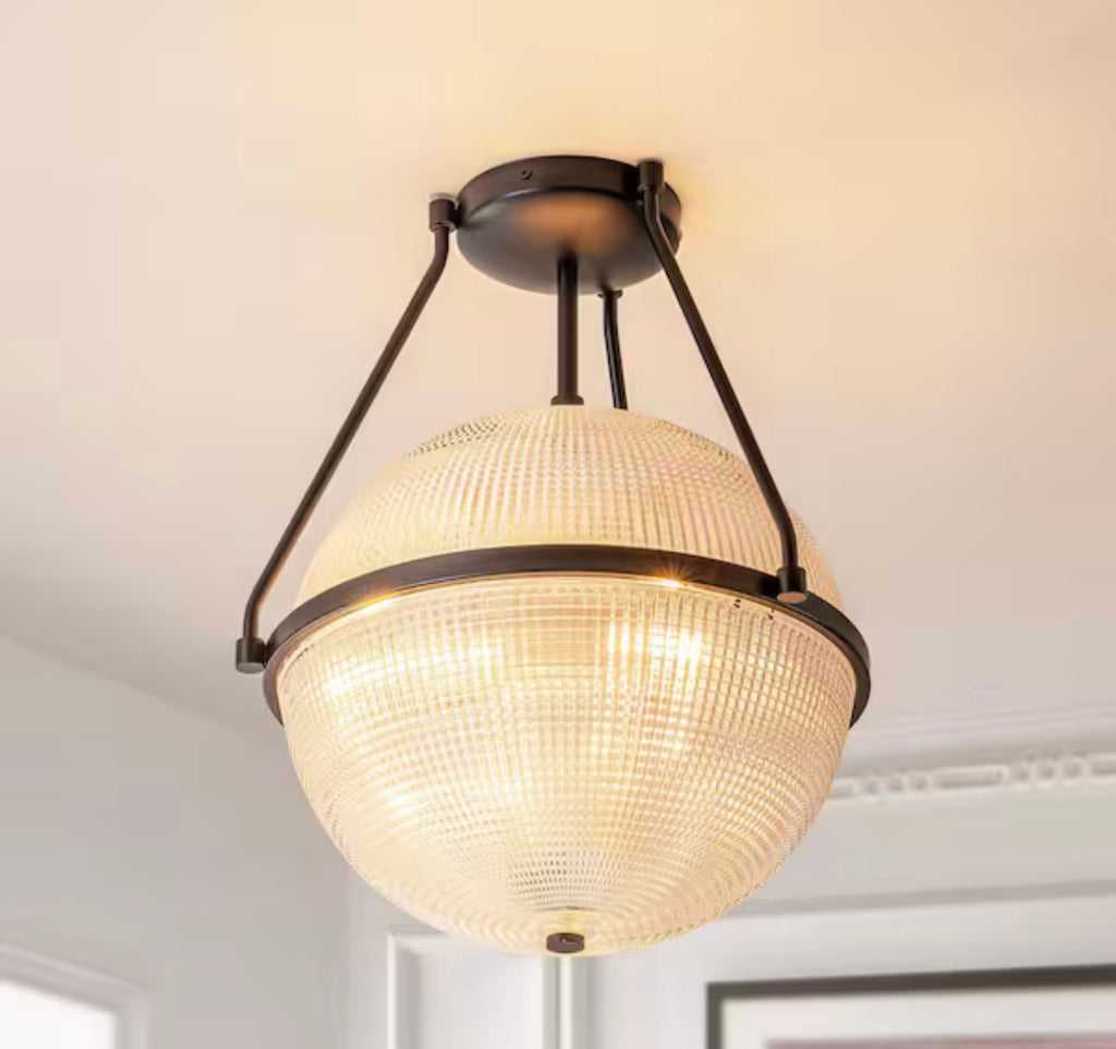 Modern Grid Textured Glass Globe Semi-Flush Mount Light