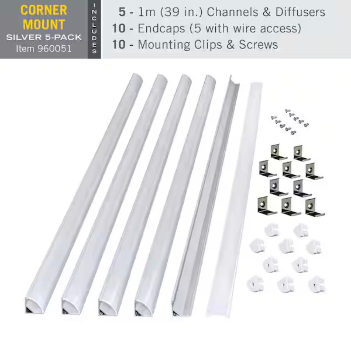 Corner Mount Tape Light Channel Silver 5-Pack