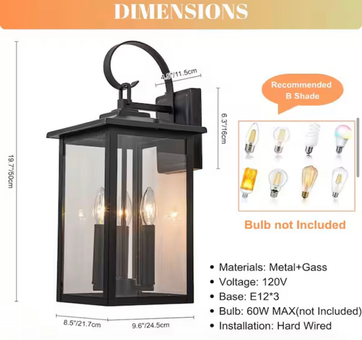 19.7 in. H 3-Light Dusk to Dawn Outdoor Wall Lantern Scone