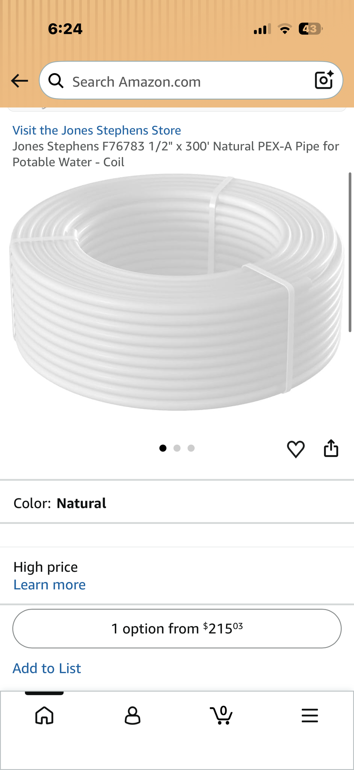 Jones Stephens 1/2" x 300' Natural PEX-A Pipe for Potable Water - Coil