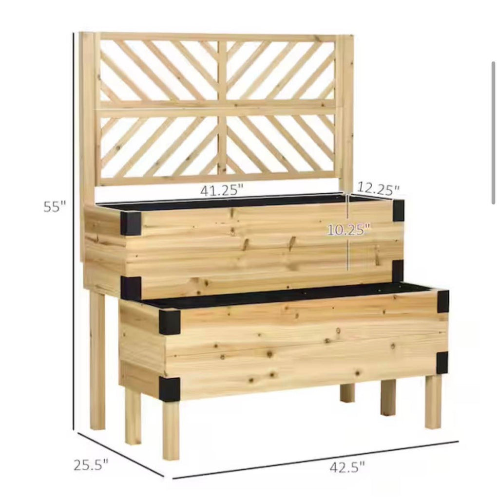 Natural 2-Tier Wooden Raised Garden Bed with Trellis