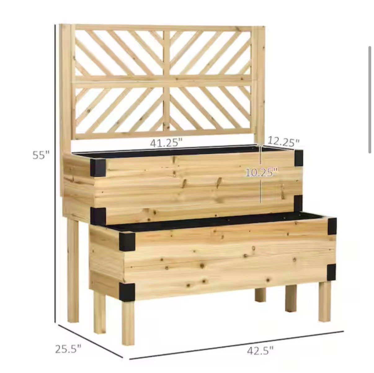 Natural 2-Tier Wooden Raised Garden Bed with Trellis