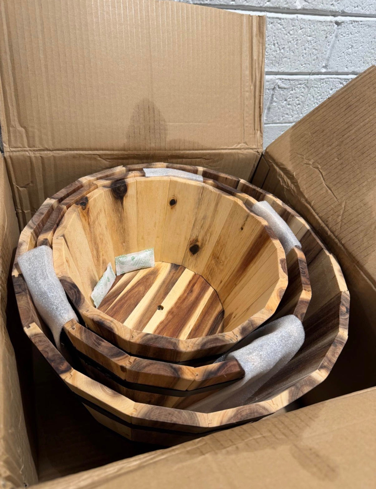 Acacia Wood Barrel Planters (Set of 3)