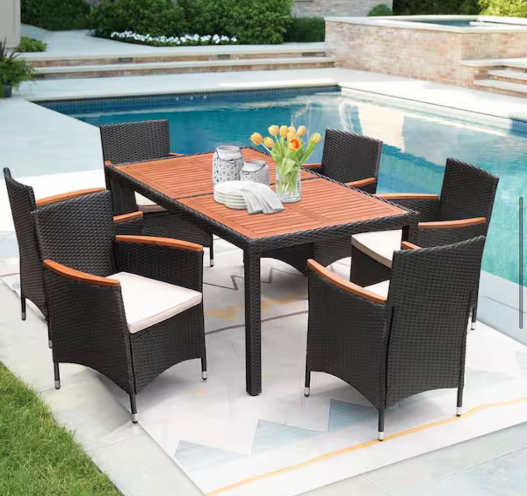 7-Piece Wicker Outdoor Dining Set with Wood Top