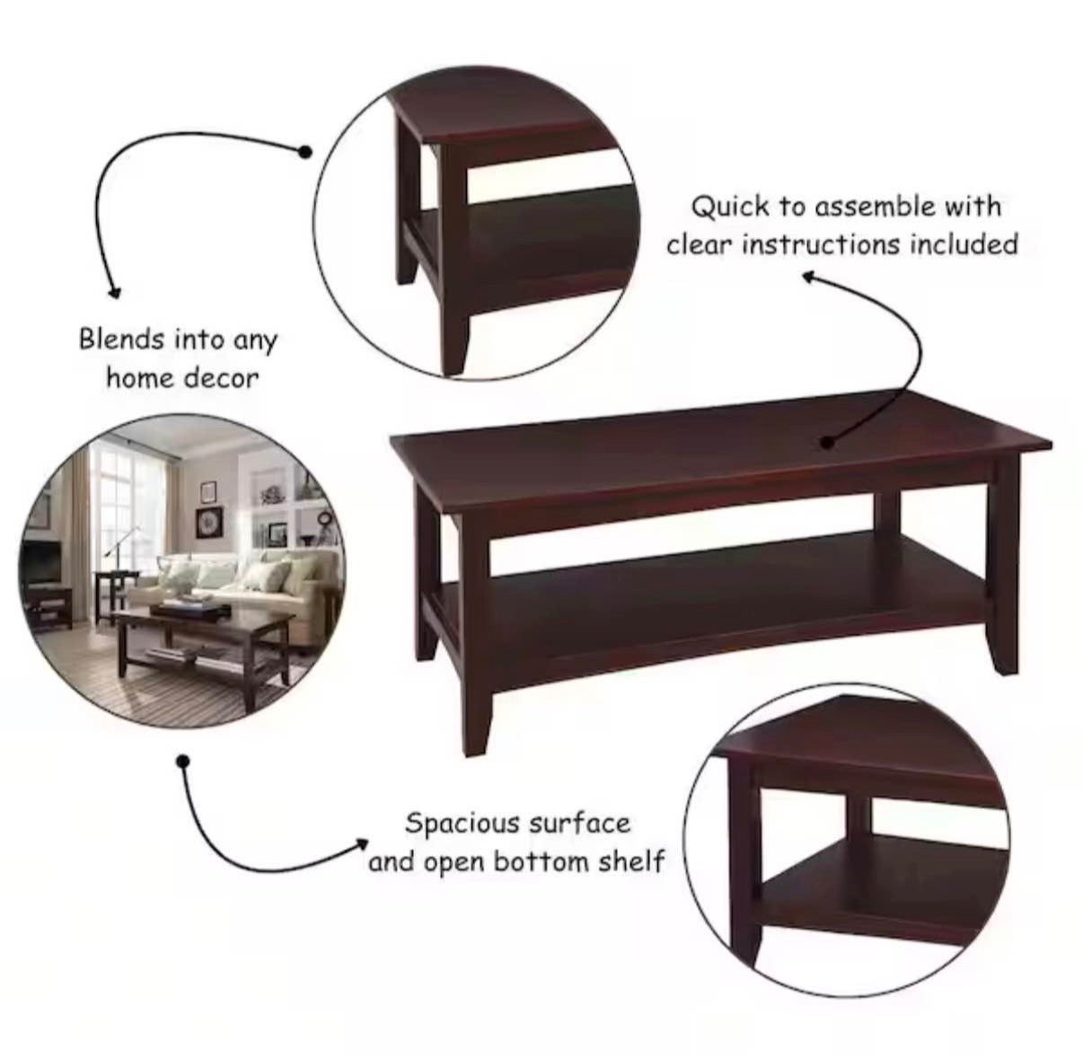 Shaker 42 in. Espresso Rectangle Wood Top Coffee Table with Shelf