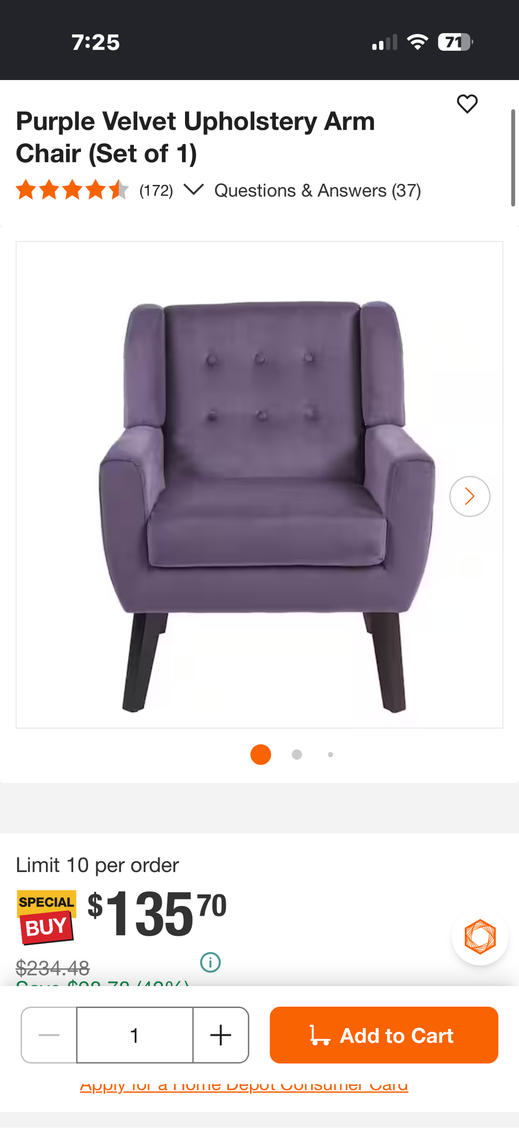 Purple Velvet Upholstery Arm Chair (Set of 1)