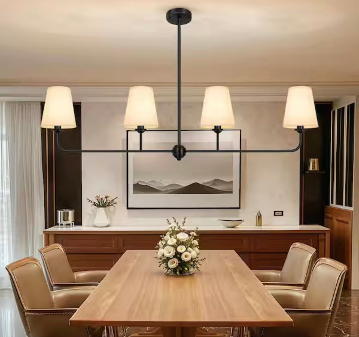 Modern 4-Light Linear Chandelier with Fabric Shades