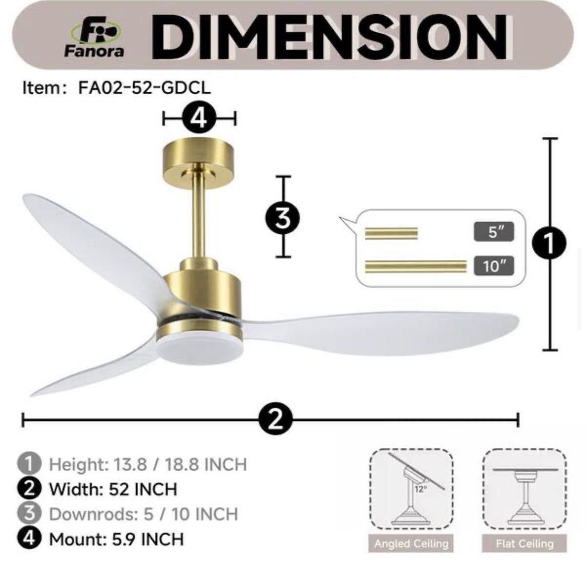52 in. 3 Clear Blades LED Gold Ceiling Fan