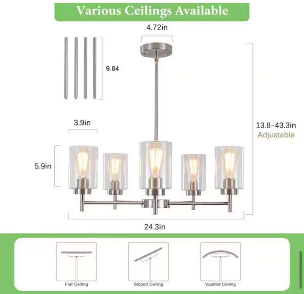 5-Light Brushed Nickel Chandelier with Clear Glass Shades