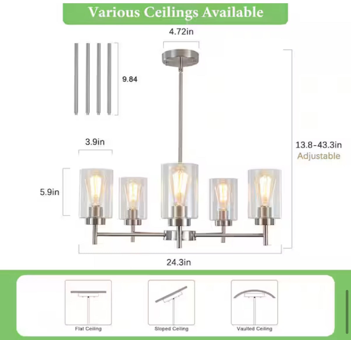 5-Light Brushed Nickel Chandelier with Clear Glass Shades