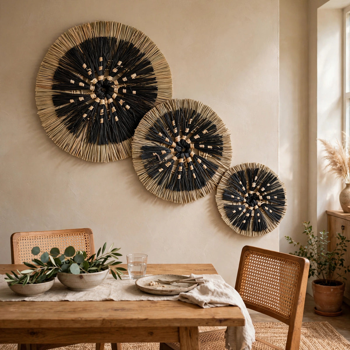 "Sahara" Boho 3-Piece Seagrass Wall Decor Set — Natural/Black