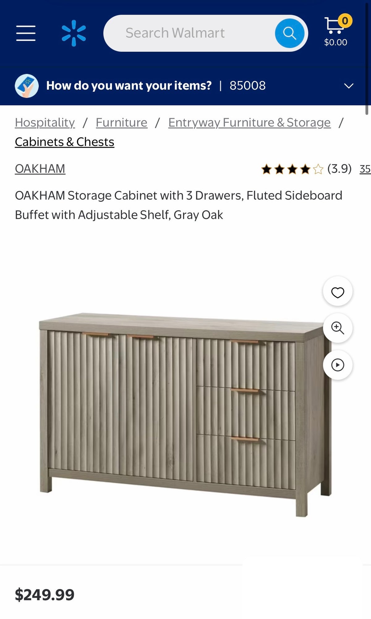 Fluted Sideboard Buffet with Adjustable Shelf