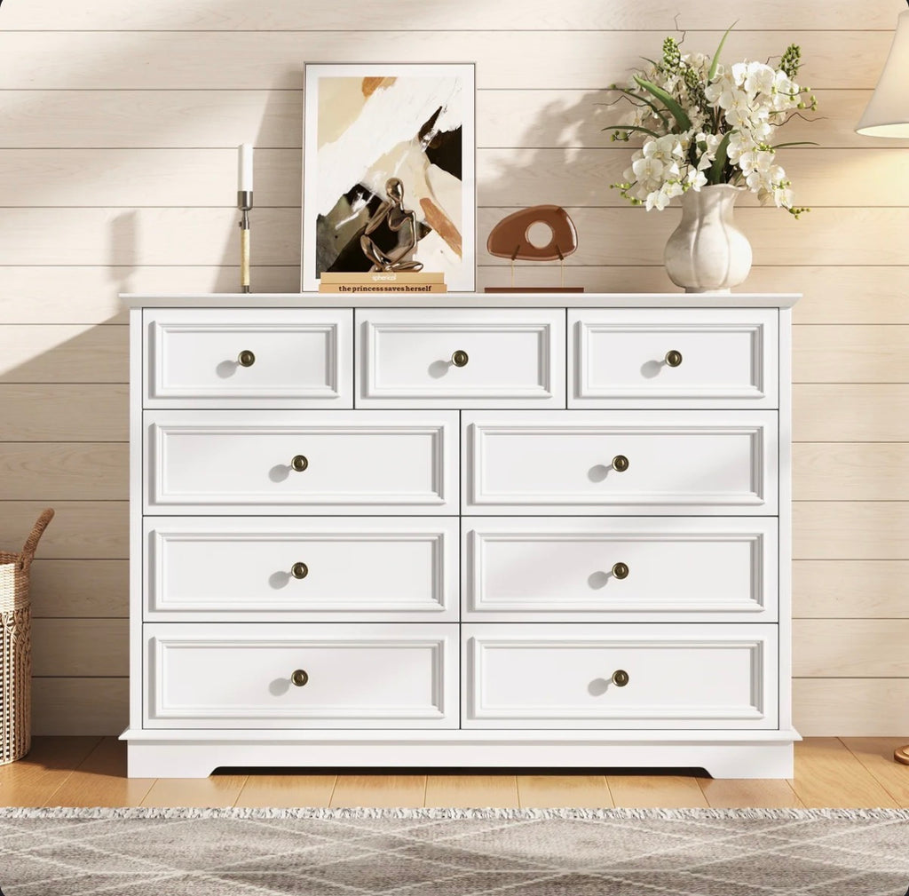 9-Drawer Dresser, Vintage Wide Storage Chest With Antique Bronze Handles