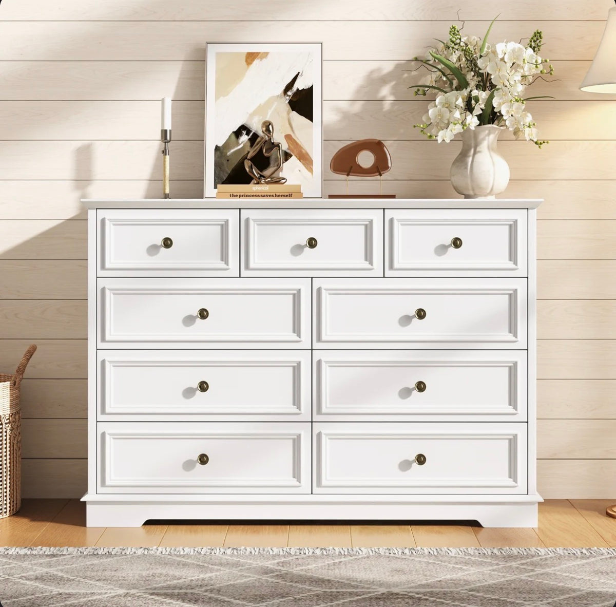 9-Drawer Dresser, Vintage Wide Storage Chest With Antique Bronze Handles