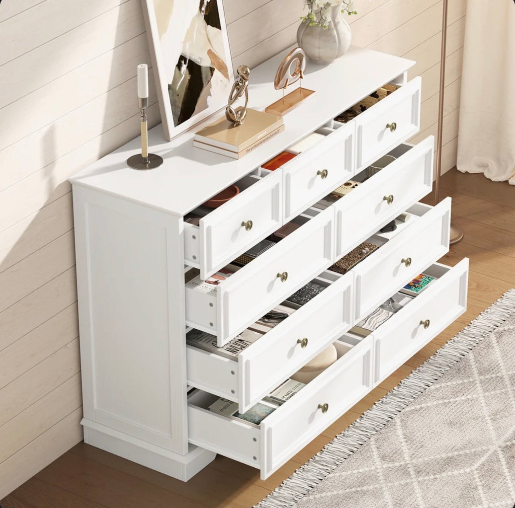 9-Drawer Dresser, Vintage Wide Storage Chest With Antique Bronze Handles