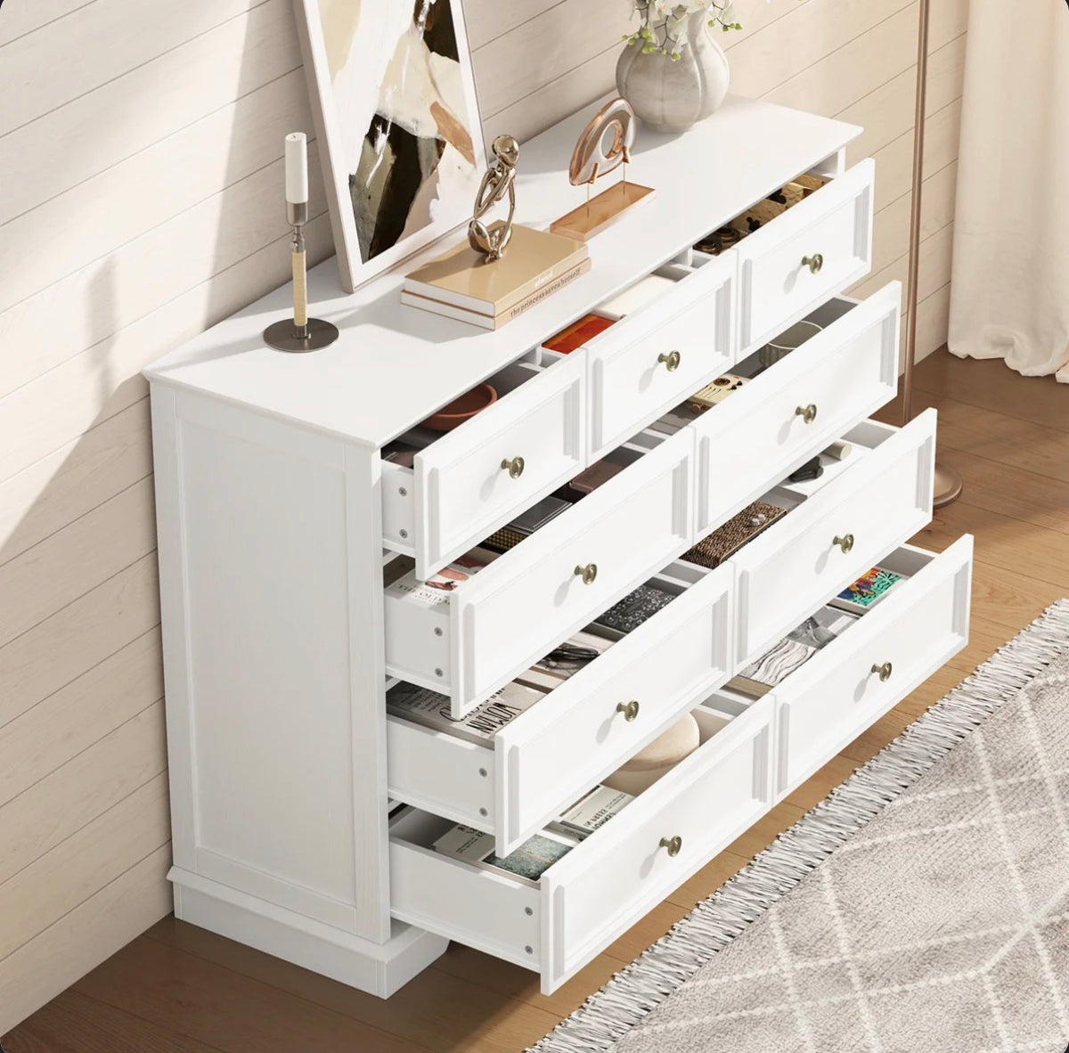 9-Drawer Dresser, Vintage Wide Storage Chest With Antique Bronze Handles