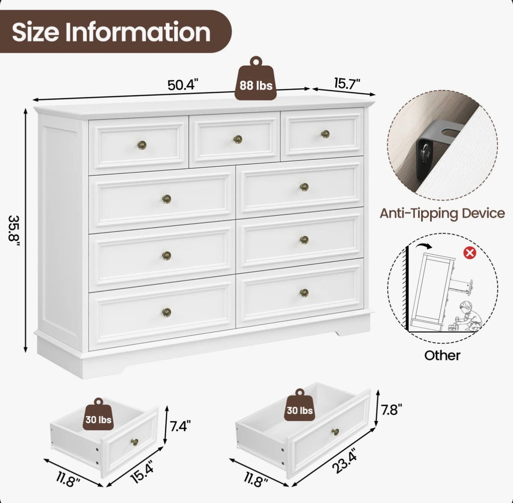 9-Drawer Dresser, Vintage Wide Storage Chest With Antique Bronze Handles