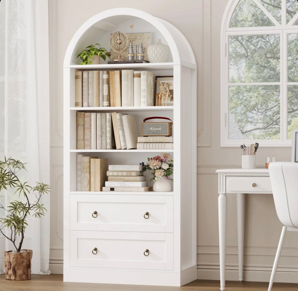 69.7"H Arched Bookcase With 2 Drawers