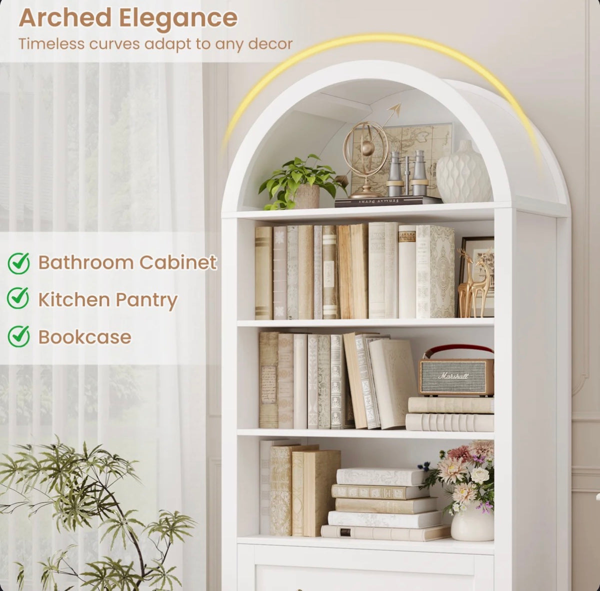 69.7"H Arched Bookcase With 2 Drawers