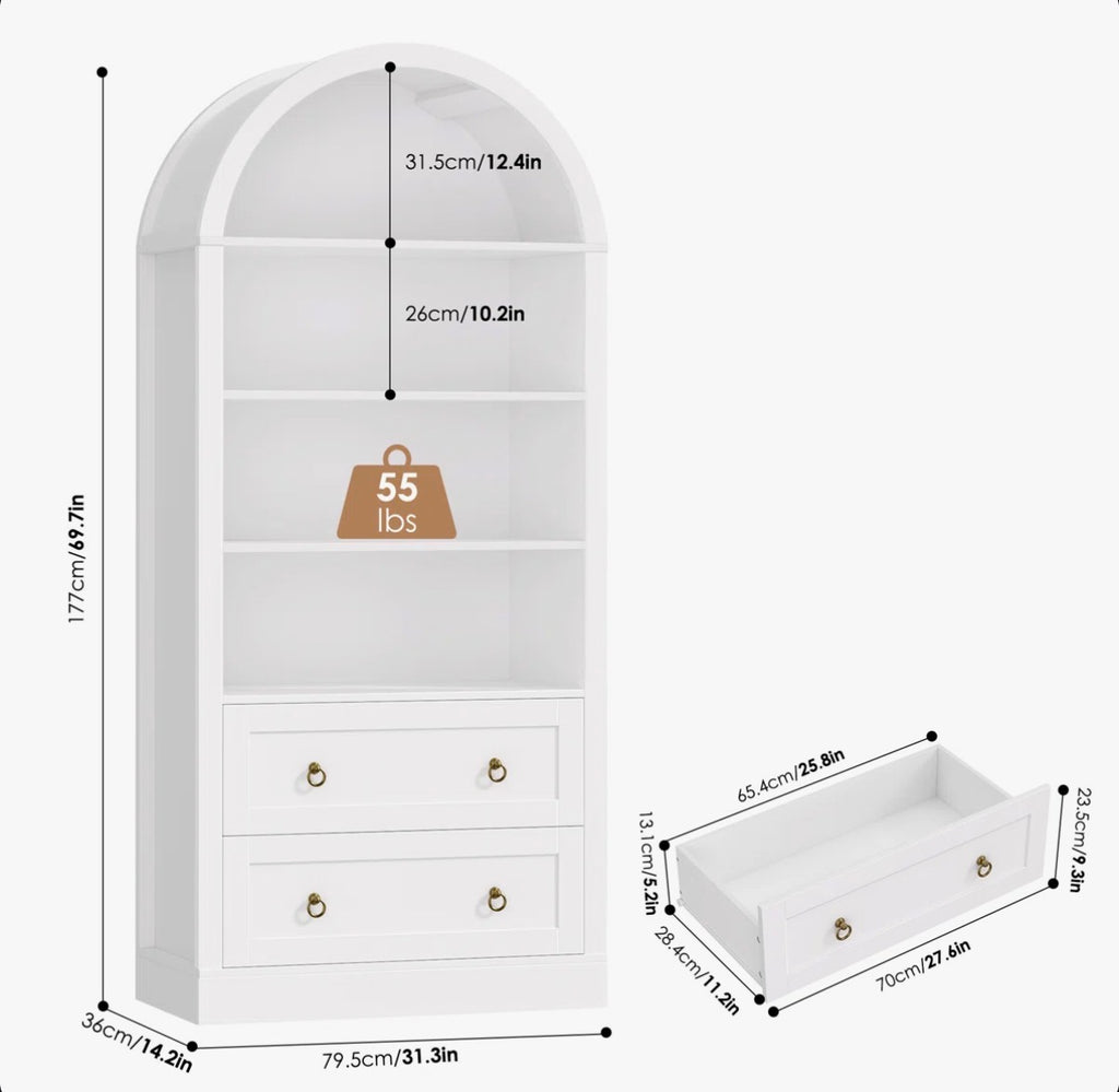 69.7"H Arched Bookcase With 2 Drawers