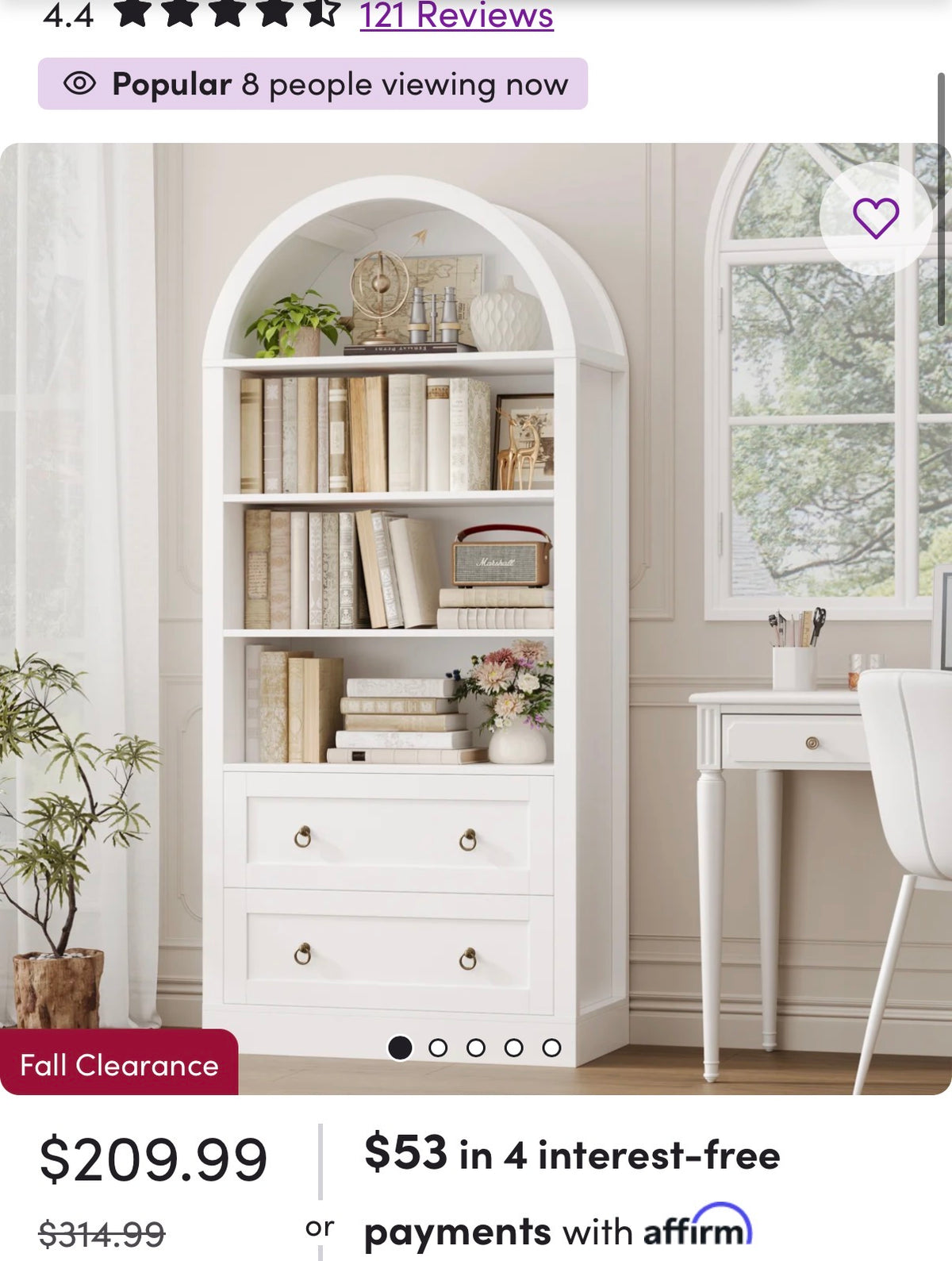 69.7"H Arched Bookcase With 2 Drawers